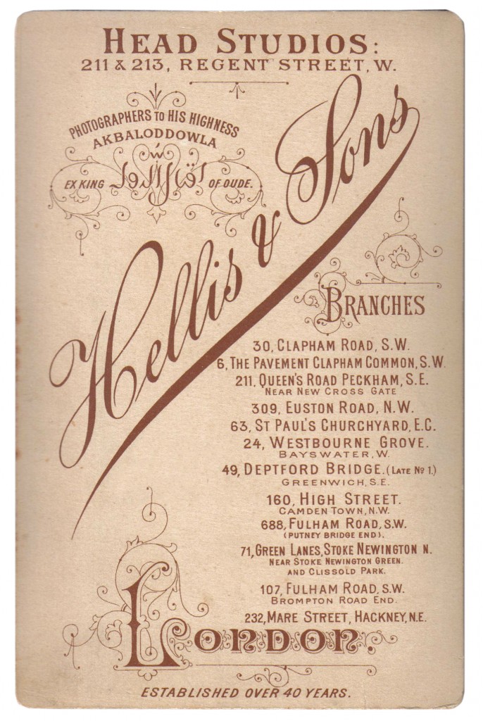 1880-90s Hellis & Sons Head Studios 211 & 213 Regent Street London - Photographers to his Highness Akbaloddowla Ex King of Oude