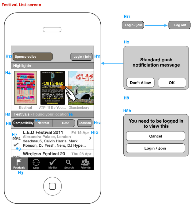 Last.fm festival finder iPhone app wireframes